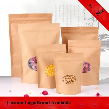 

7 Size Doypack Zip Lock Kraft Paper Package Bag with Round Window Self Seal Stand Up Tea Nut Packing Bag