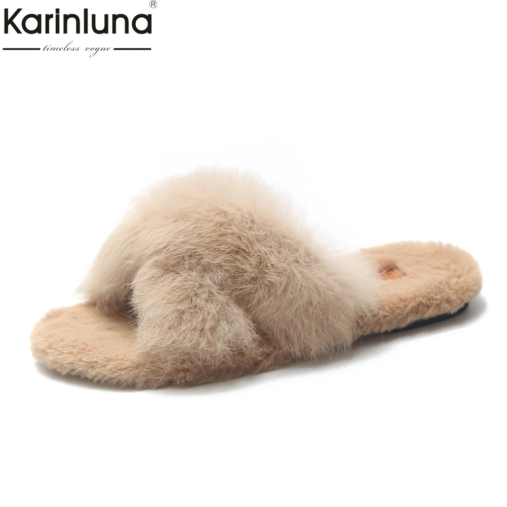 

Karinluna 2018 best quality Fashion real Fur Summer Spring Autumn Shoes Woman Flip Flops women's Shoes Slippers Women