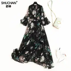 Shuchan богемное летнее платье с принтом с факельная втулка нерегулярная миди платья с v-образным вырезом новые 2019 модные летние платья черные