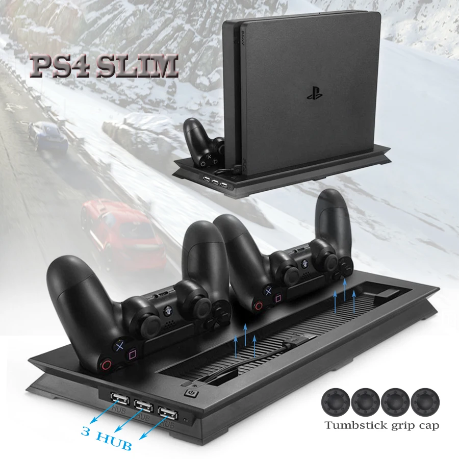 

PS4 Slim Vertical Stand Cooling Fan Cooler & Dual USB Charger Charging Dock with 3 Extra HUB for Playstation 4 PS4 Slim + 4 Caps