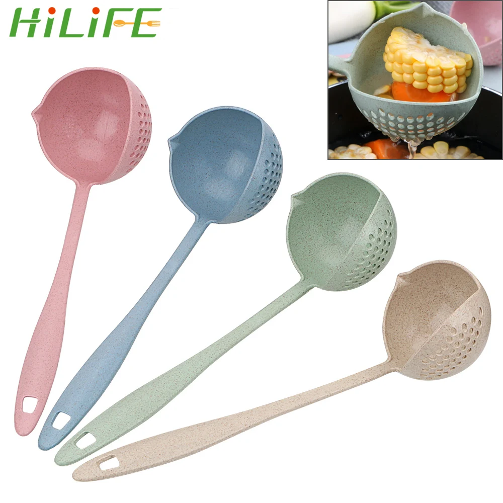 

HILIFE Wheat Straw Kitchen Accessories Long Handle Creative Colander Tools Soup Spoon Porridge Spoons with Filter 2 in 1