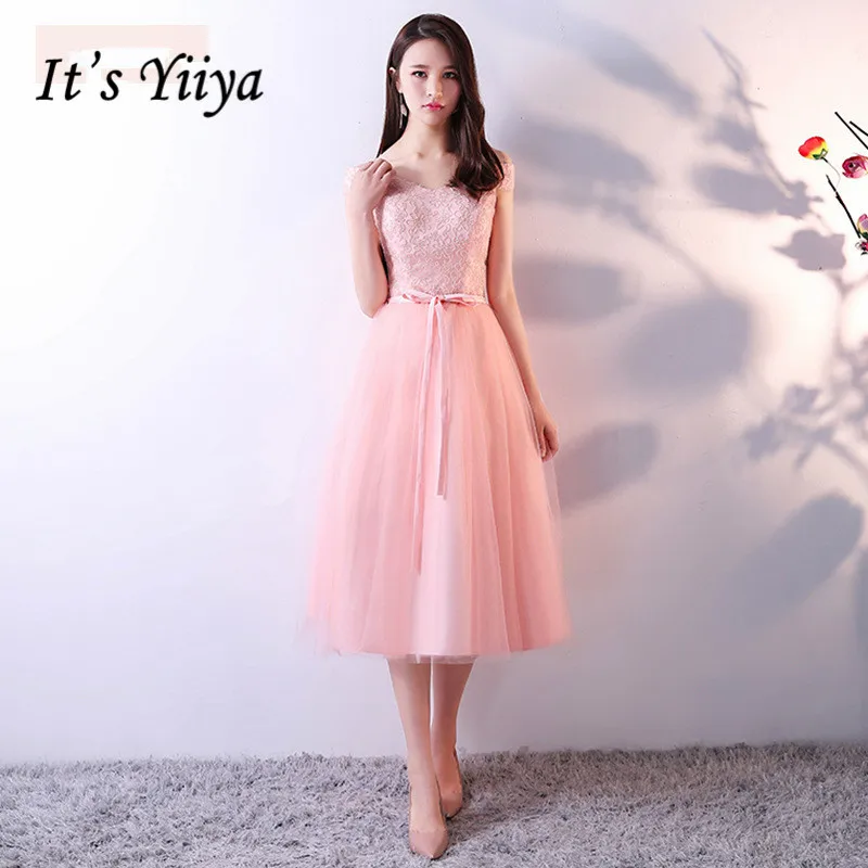 

It's YiiYa New Pink Off The Shoulder Sleeveless Backless Lace Embroidery Cocktail Dress Tea Length Formal Dress MX048