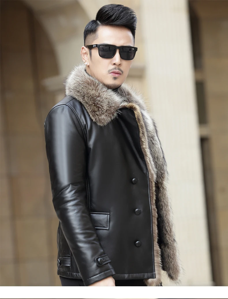 AYUNSUE, мужская кожаная куртка, короткая, зимняя, натуральная кожа, овчина, пальто для мужчин, натуральный мех енота, воротник F-598, KJ1434