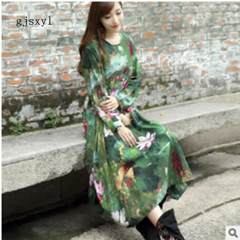 National wind women's 2017 autumn new open lotus leaf printing pregnant women long skirt loose long-sleeved cotton dress women