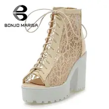 Ladies New Sexy Cutout Lace Upper Summer Shoes Thick High Heels Gladiator Sandals Charming Open Toe Shoes Woman Platform Sandals