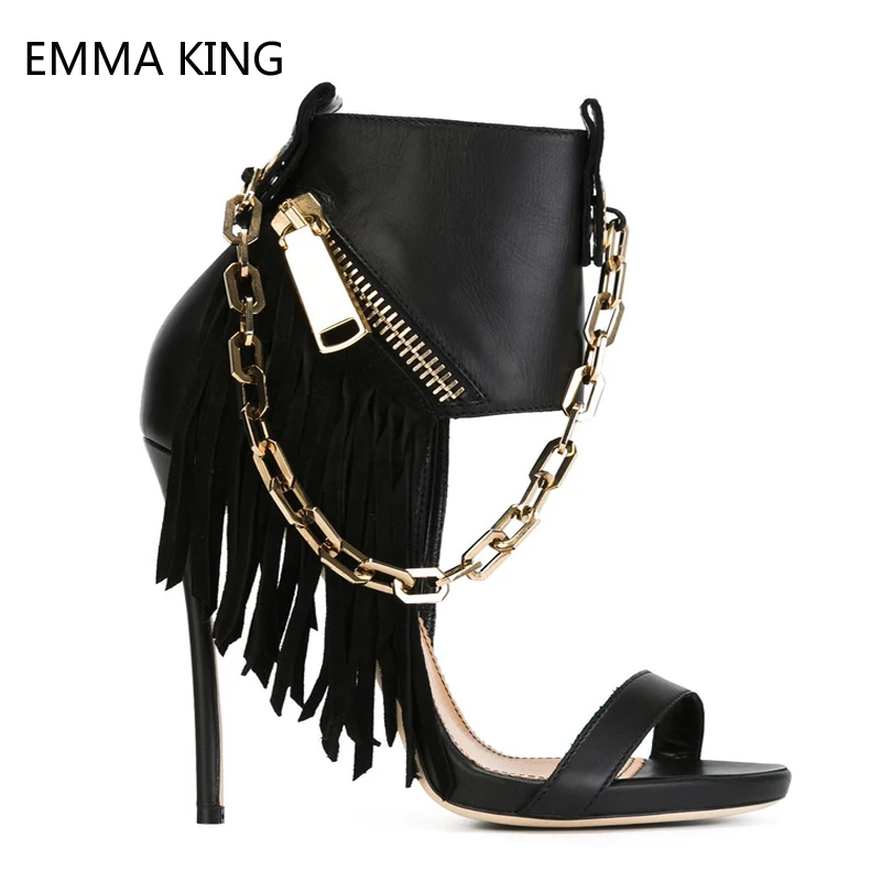 

Metal Chain Fringe Gladiator Sandals Women Zipper Black Belt Buckle Sexy High Heels Stiletto Runway Daily Shoes Woman Sandals