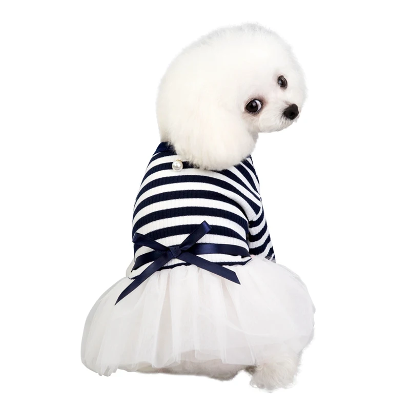 Полосатое газовое платье-пачка с жемчугом для собак; платье принцессы с рисунком щенка и кота; хлопковая футболка с короткими рукавами; одежда