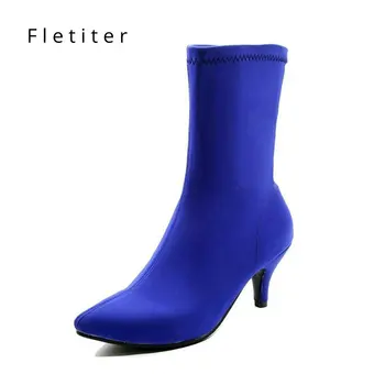 

Women's Boots Pointed Toe Yarn Elastic Ankle Boots Thin Heel High Heels Shoes Woman Female Socks Boots 2018 Spring Fletiter