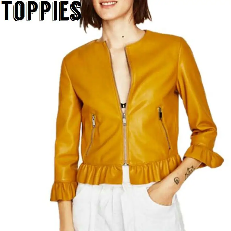 2019 Spring Women Bright Yellow PU Leather Jacket O neck Ruffles Faux