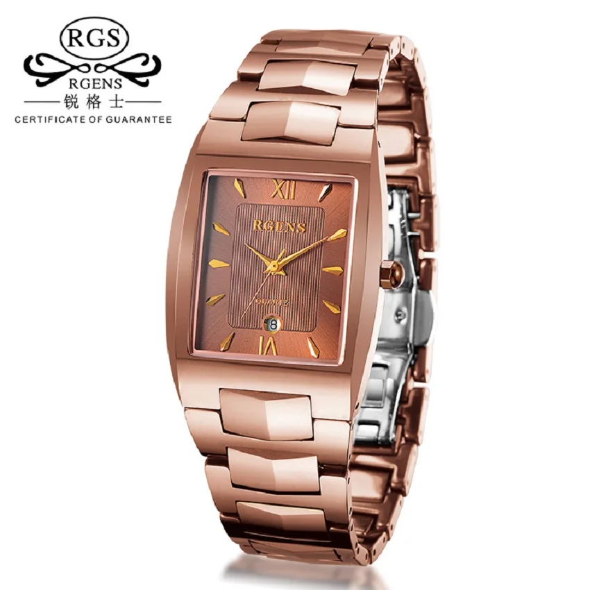 

business mens wristwatches real Tungsten steel Rose gold quartz man watches square casual waterproof men's clocks RGENS brand