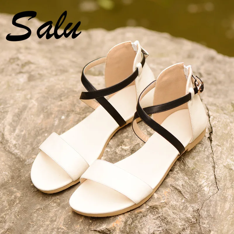 

Salu 2019 Genuine Leather Women Sandals Hot Sale Fashion Summer Sweet Women Flats Heel Sandals Ladies Shoes big size 34-46