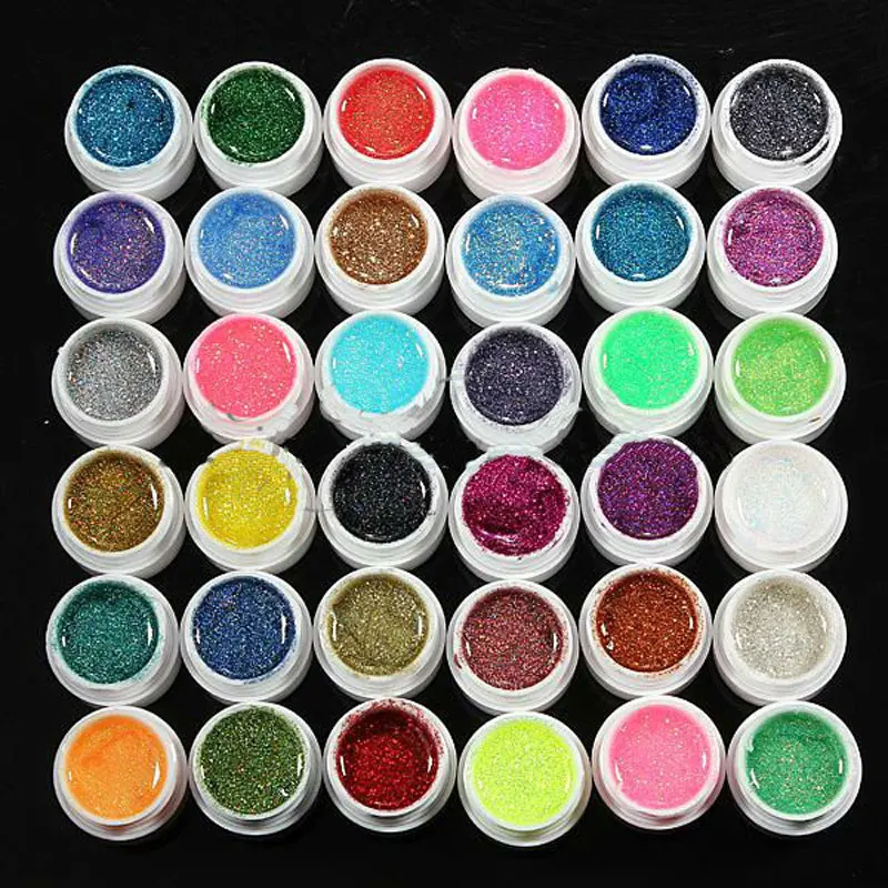 36 Pots Professional Makeup 36 Colors Nail Art UV Gel Colorful Glitter Powder Nail Gel Excellent Gel Nail Polish Free Shipping