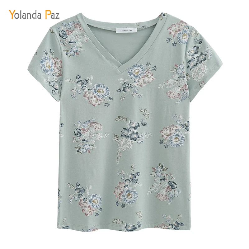

Yolanda Paz 2017 New Flowers Print Women t-shirt high quality short sleeve V-neck women summer t shirt S-XXXL Tops tees