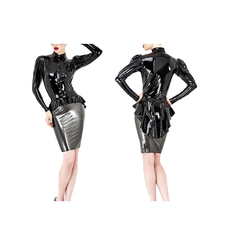 

Latex Shirt 100% Rubber Women Black and Smoke Gray Hip Skirt Suit Size XXS-XXL