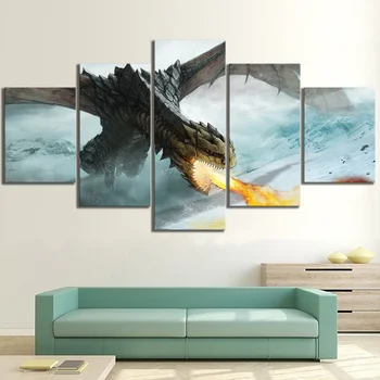 

Hd Printed Canvas Pictures Wall Art 5 Pcs Game of Thrones Fire Dragon Dracarys Paintings Home Decor Living Room Module Posters