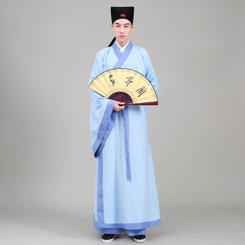 Cotton Linen Made traditional male Han costume Hanfu TV play Movie stage Blue costume Ancient Chinese Literature Style Outfit