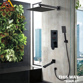 

Matte Black LED Digital Display Shower Faucet Set Rain Waterfall Black Bathtub Shower System LCD Digital Shower Bath Mixer Tap