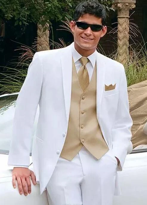 白いウェディングスーツ用男性ゴールドベストジャケット パンツ ネクタイ ベストメンズタキシード結婚式タキシードカスタムメイド花婿の付添人スーツ White Wedding Suit Groomsmen Suitwedding Suit Aliexpress