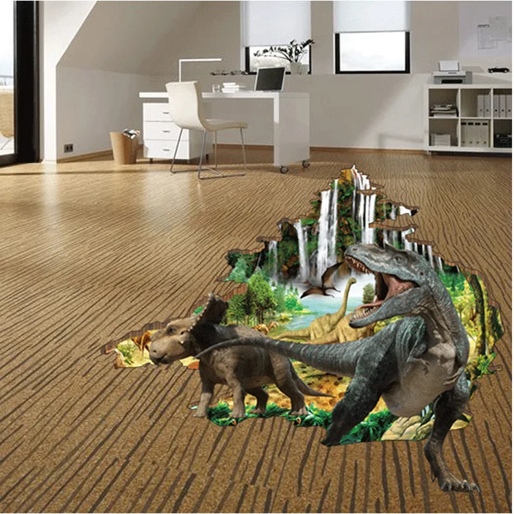Dinosaur Walked Out Of The Jungle Wall Decals For Boys Room Fake Dinosaur Walked Out Of The Jungle Wall Decals For Boys Room Fake Goldfish Swimming In Pond Floor Poster Bathroom Bedroom Decor