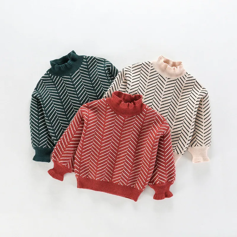 

Autumn Winter Children Sweater Toddler Boys Girls Cotton Long Sleeve Twill Turtleneck Knitted Pullover Kids Tops For 2-7Years