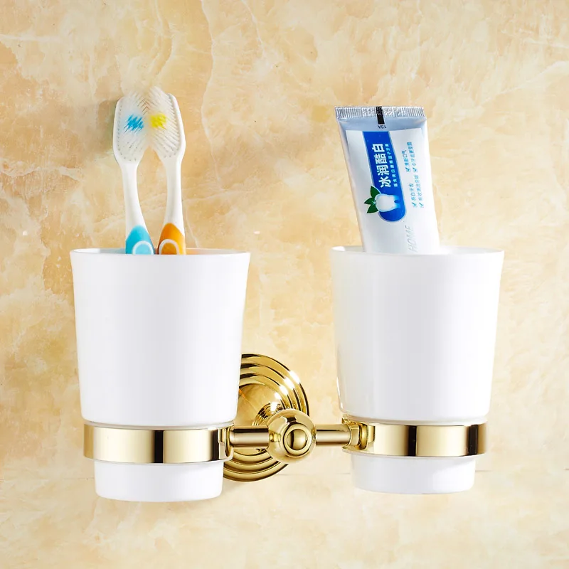 European Brass Toothbrush Holder With Cups Set Golden Holder / Bathroom