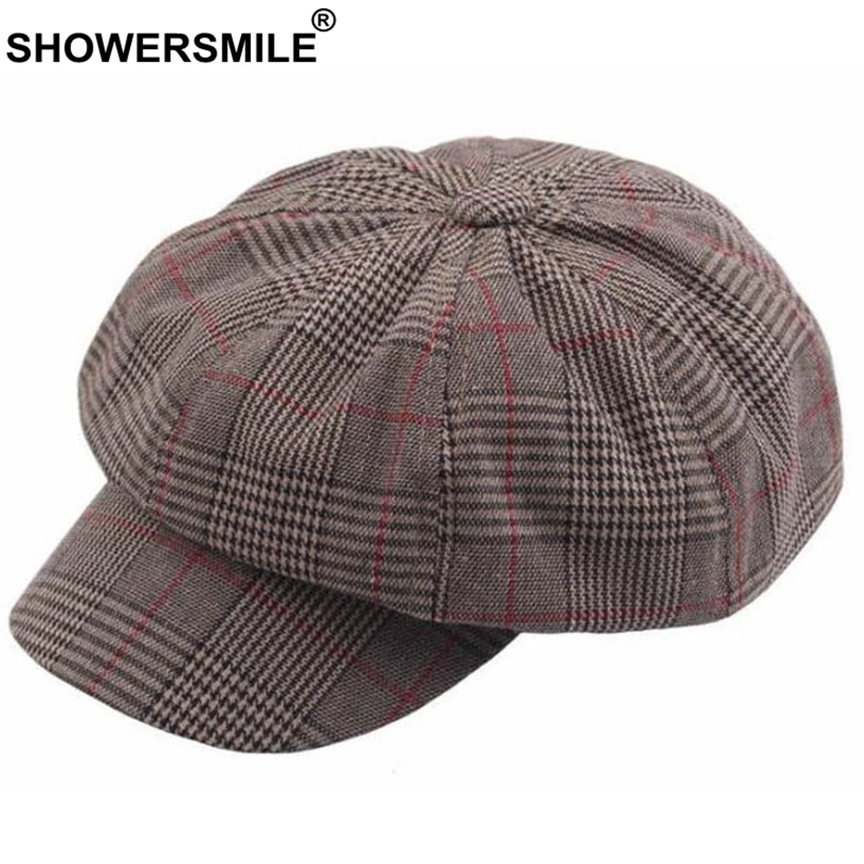 Buy SHOWERSMILE Khaki Newsboy Hats Cap Women Plaid Cotton Painter Cap Female