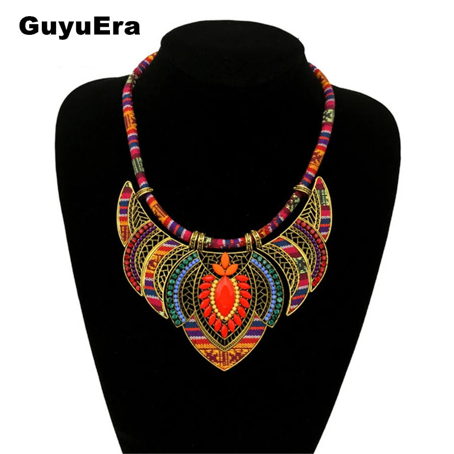 

GuyuEra New African Ethnic Style Gold-plated Ornaments Bohemian Color Braided Rope Alloy Rhinestone Jewelry Necklace Jewelry