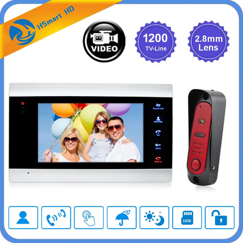

7" Monitor 1200TVL HD Video Doorphone Motion Detection Video Door Phone SD card Recorder Intercom System Waterproof Rain Cover