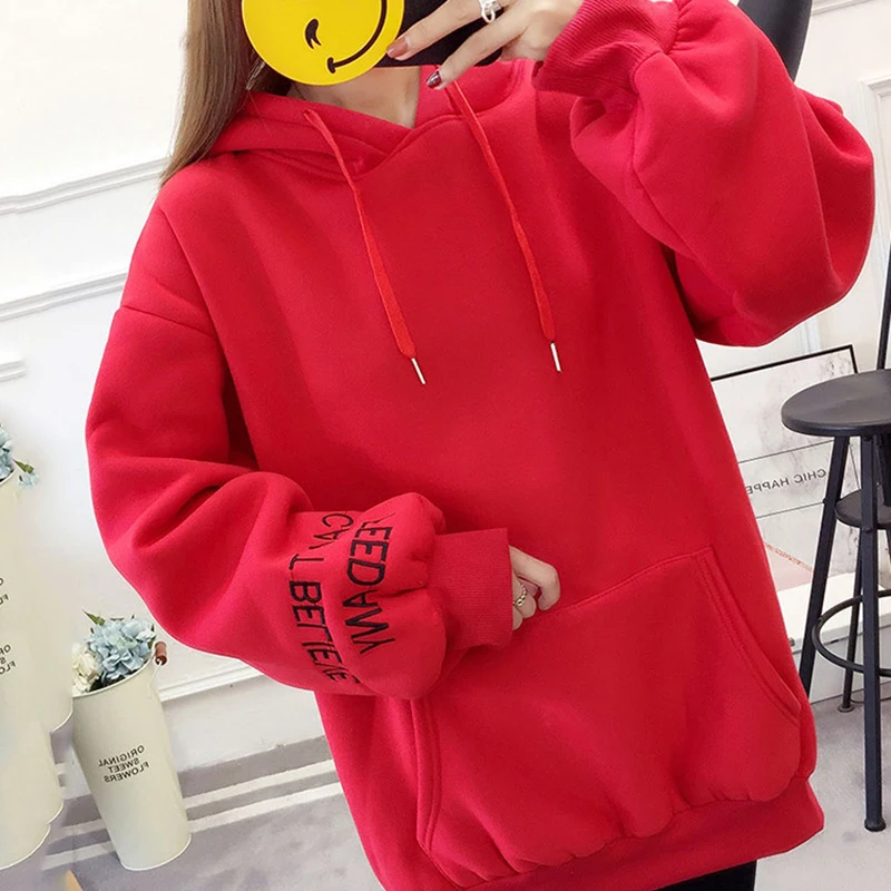 Толстовки женские толстые зимние Harajuku теплые бархатные свободные модные с буквенным принтом с капюшоном Повседневная Женская толстовка с длинным рукавом Милая
