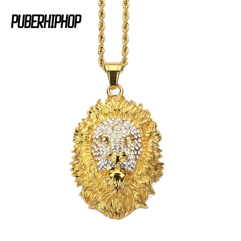 

JFY Gold Color Lion Head Crown King Pendants Necklaces Men Hip Hop Charm Franco Chain Iced Out bling Stainless Steel Jewelry