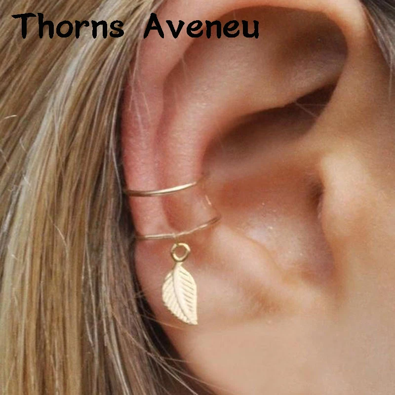

New Fashion 1PC Sliver Gold Black Color Leaf Clip On Hoop Earrings Earcuffs Stainless Steel Ear Cuff For Women Men Jewelry