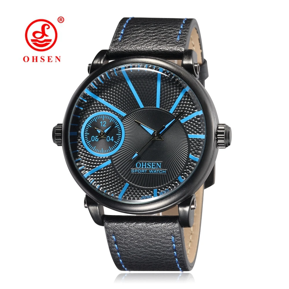 

NEW OHSEN Fashion Male Business Clock Quartz Watch Men Mens Wristwatches Leather Band Blue Waterproof Watch Montre Homme Relogio