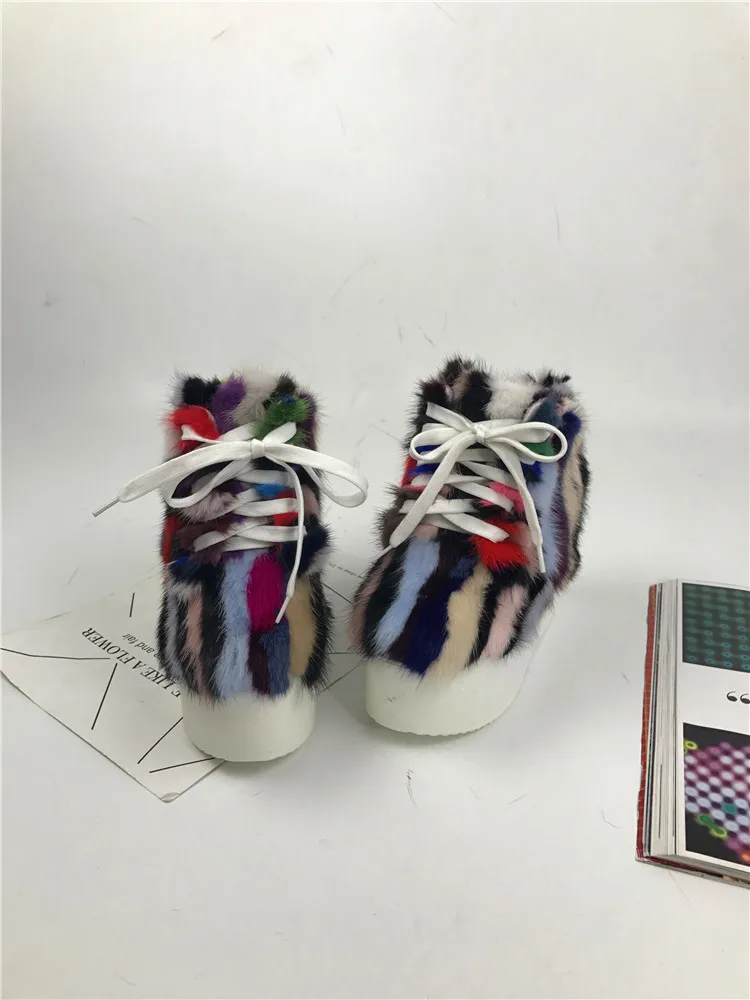 Теплые ботинки Eskimo из меха норки, женские зимние ботинки на толстой платформе С Разноцветными полосками на меху, зимние ботинки до середины икры на шнуровке