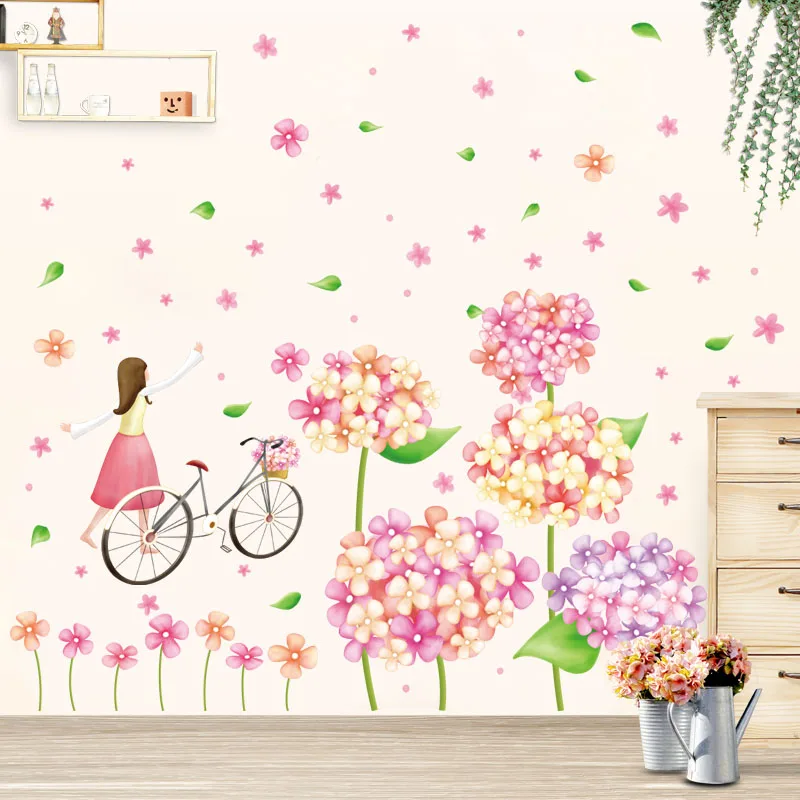 

[Fundecor] cute flowers bicycle girl wall stickers for kids rooms nursery baby bedroom children art wall decals home decorations