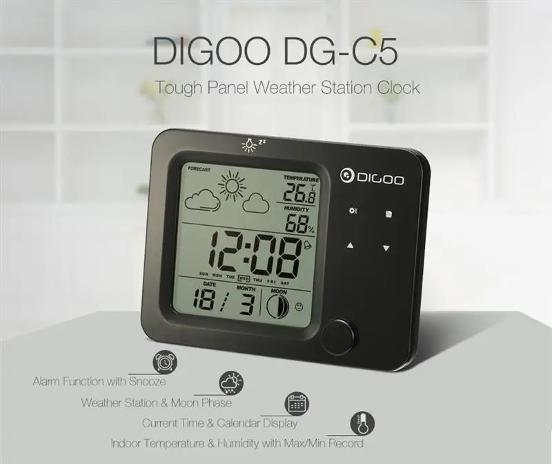 Digoo DG-C5 C5 Беспроводной сенсорный Сенсор метеорологическая установка с синей подсветкой термометр гигрометр СВЕТОДИОДНЫЙ Будильник