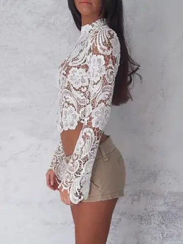Casual Lace Women's Crop Top with Long Sleeves - Lace T-Shirt Tee image 5