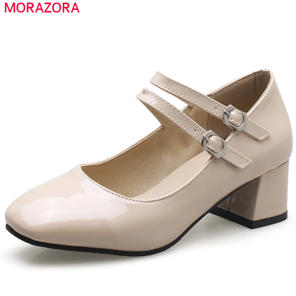 

MORAZORA new arrive 2018 pumps women shoes with buckle square toe square heels patent leather sweet ladies shoes