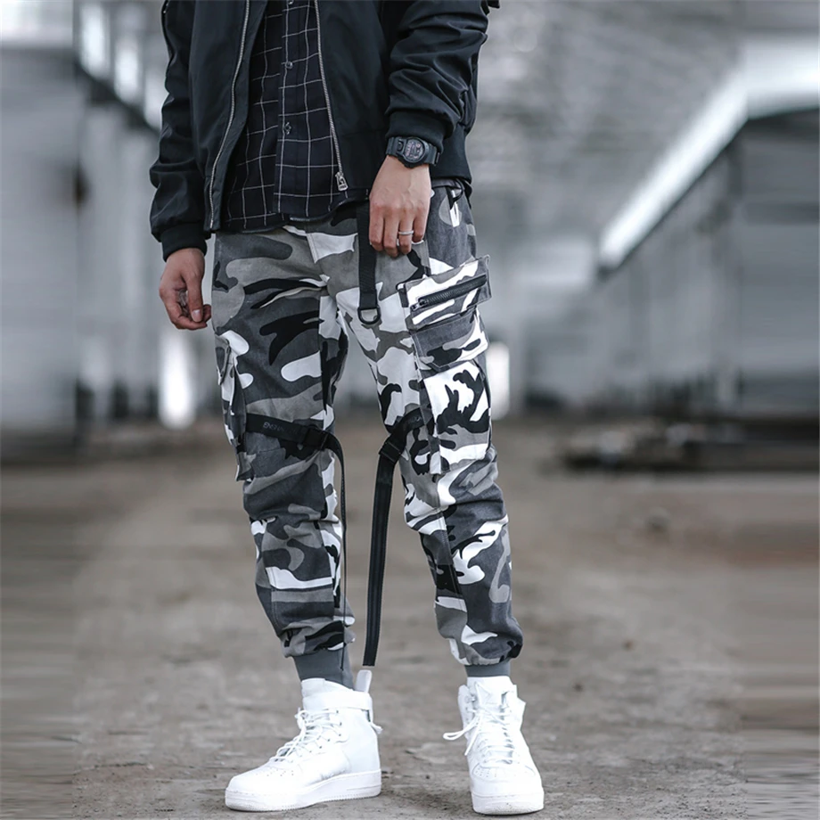 Мужские брюки-карго в стиле хип-хоп, уличная одежда для бега, Уличная Повседневная Мужская Уличная одежда с карманами из ленты, черные брюки в стиле Харадзюку DG61