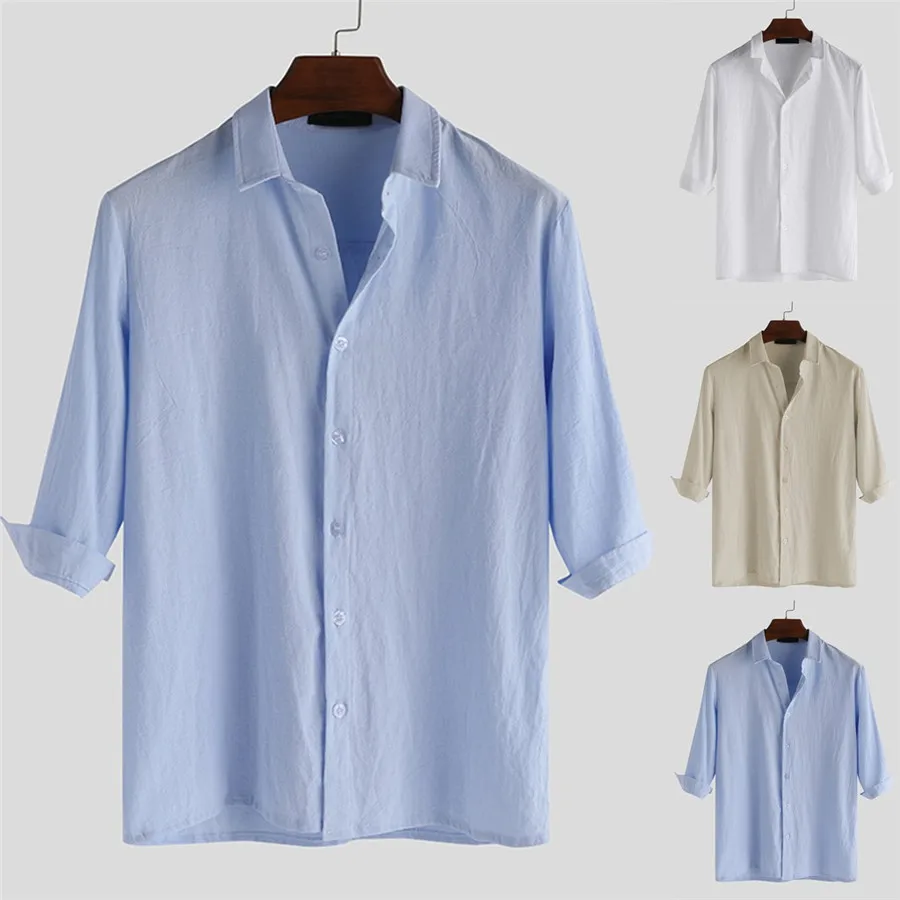 2019 Men's fashion surfing shirt solid color cotton cropped sleeve shirt swimming suit for men long camisa camiseta  surf 30J22 (21)