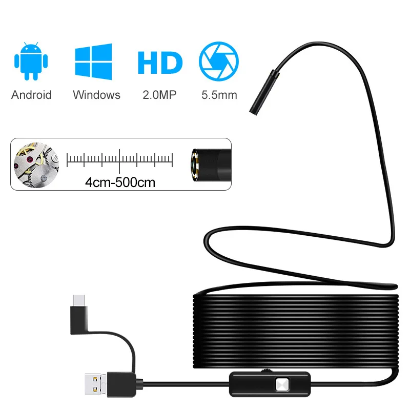 

3 in 1 Semi-Rigid Borescope Inspection Camera 5.5MM 2.0MP CMOS HD Waterproof Snake Camera with 8 Adjustable Led for Android PC
