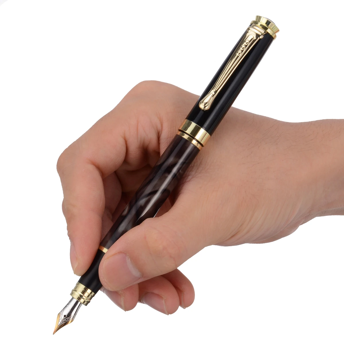 1 Piece Black Gold Medium Nib Fountain Pen Marbled Grain Standard Ink Fountain Pen Golden Clip School Office Student Supplies