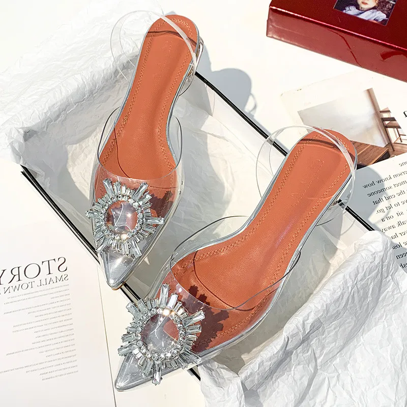 

Pointed Toe Women Summer Sandals Silver PVC Flats Ladies Outside Footwear Zapatillas Femmes Crystal Buckle Sandalias Mujer