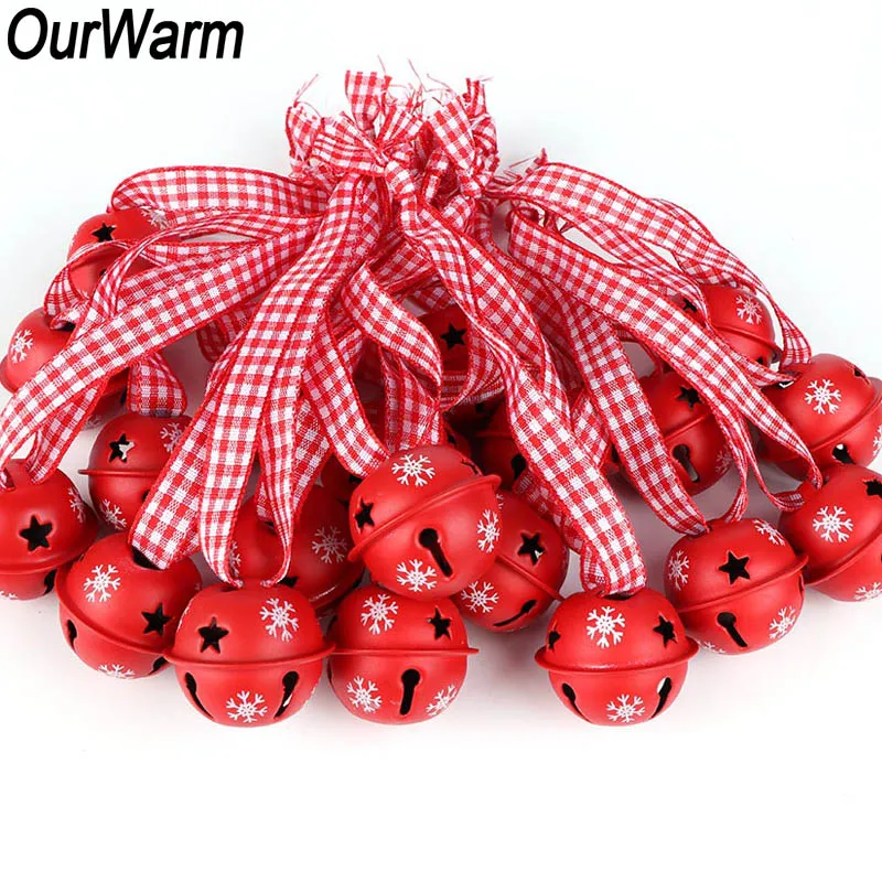 

OurWarm 40pcs Snowflake Christmas Tree Decorations Bells Hanging Red Metal Bells Pendant Christmas Ornaments with Ribbon