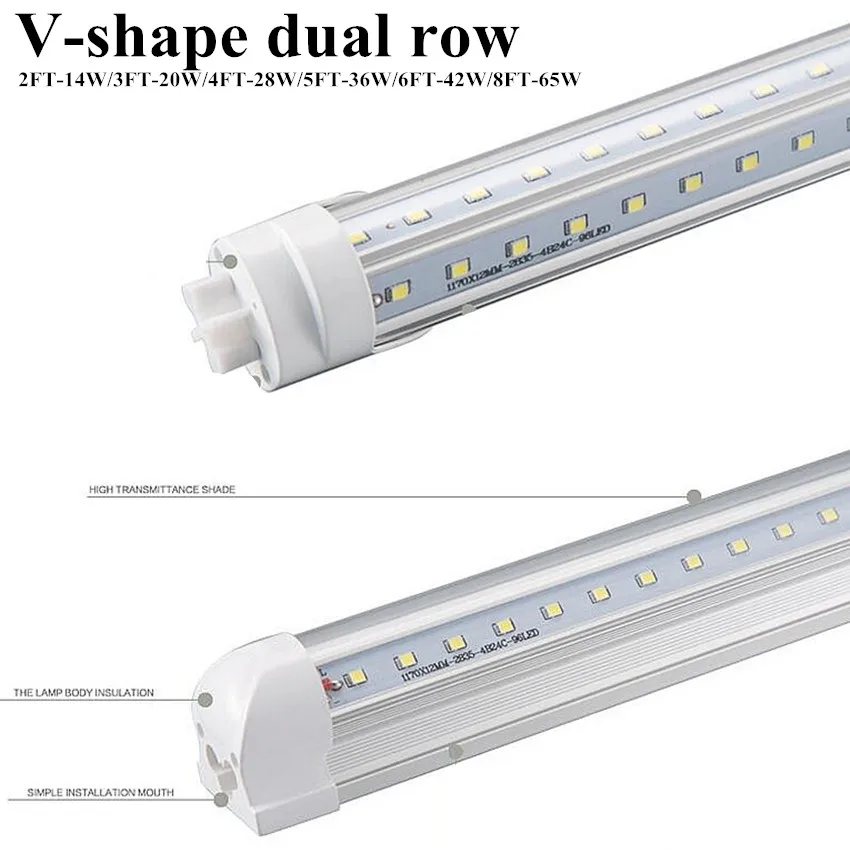 

25pcs/lot High power V-shape dual row LED tubes AC110V 220v 50/60Hz clear cover 2ft 3ft 4ft G13 integrated T8 LED tube light
