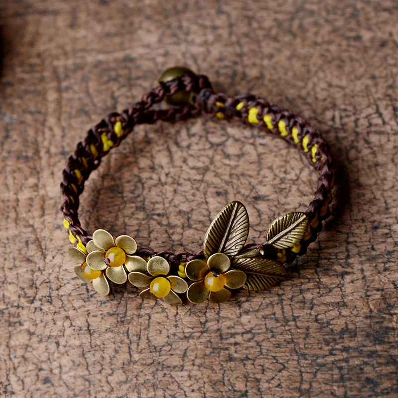 Ethnic bangle bracelet for women bronze flower yellow stone copper bell wrap chain vintage jewelry fashion 2017 new arrival