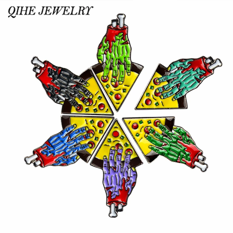

QIHE JEWELRY Zombie hand pizza slices pin Badges Lapel pin Jigsaw puzzle piece pizza best friends brooches BFF jewelry