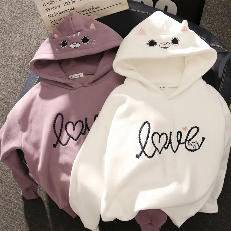  Women Hoody Women Cute Cat Hoodie Long Sleeve Elastic Warm Winter Plush Coat Student 2019 Fashion T