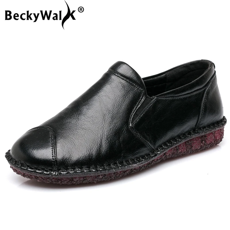 

BeckyWalk Soft Casual Flats Shoes Women Flat Mom Shoes Spring Autumn Slip On Loafers Genuine Leather Single Shoes 35-41 WSH2969