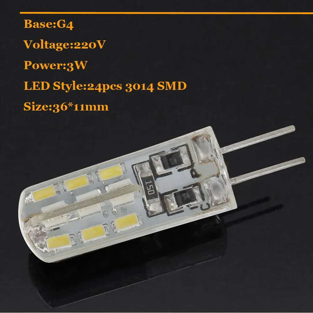 10 шт./лот G4 3 Вт 4 Вт 24 светодиода 32 светодиода SMD 3014 Светодиодные лампы Кристальные лампы для люстры 220 В зеленый красный синий заменить 30 Вт галогенный светильник