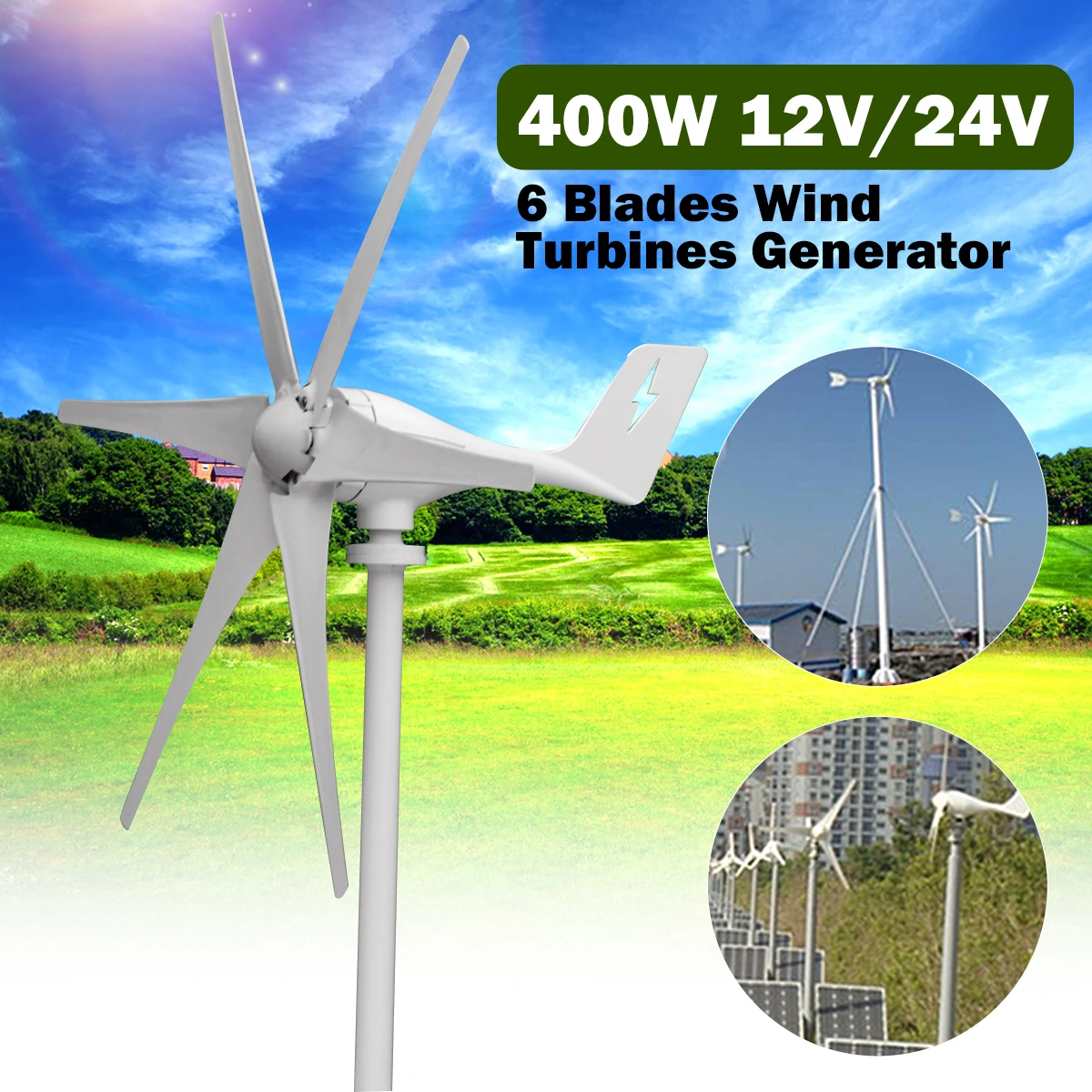 

400W 12 V 24 Volt 6 Nylon Fiber Blades Horizontal Wind Turbines Generator Power Windmill Energy Charger Kit Home